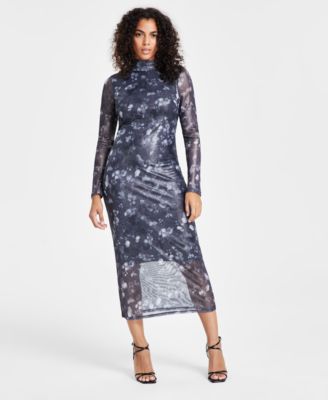 Bar III - Women's Foil Mesh Mock Neck Bodycon Midi Dress