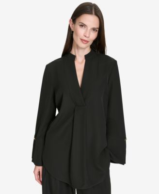 Halston - Women's Band-Collar V-Neck Long-Sleeve Tunic