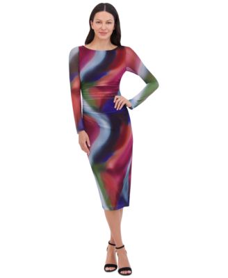 Vince Camuto - Petite Swirl-Print Boat-Neck Bodycon Dress