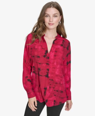 Halston - Women's Printed Mandarin-Collar Button-Up Blouse
