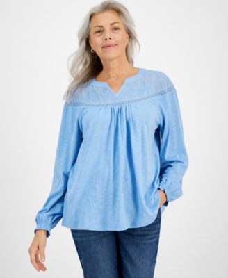 Style & Co - Petite Mesh-Trim Ruffled-Cuff Top