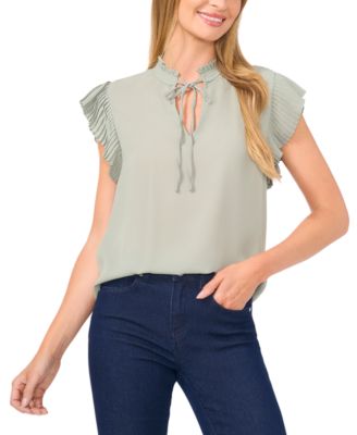 CeCe - Women's Pleated Flutter-Sleeve Tie-Neck Blouse