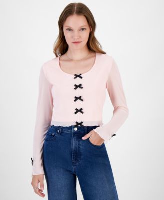 Sugar Moon - Juniors' Scoop-Neck Bow-Front Mesh Top