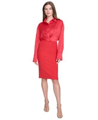 Halston - Women's Mixed-Media Collared Long-Sleeve Dress