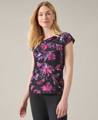 Kasper - Women's Printed Cowl-Neck Cap-Sleeve Top