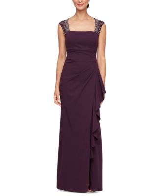 Alex Evenings - Petite Studded-Strap Waterfall-Ruffle Evening Gown