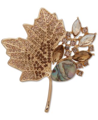Anne Klein - Gold-Tone Polished Multi Stone Leaf Boxed Pin