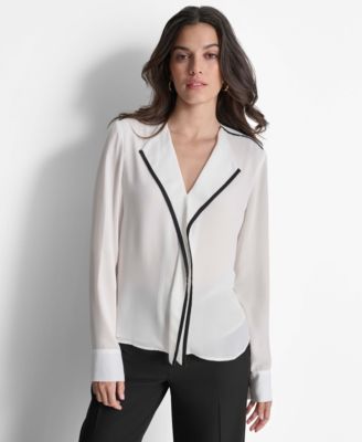 DKNY - Women's Long-Sleeve Trimmed Lapel Blouse