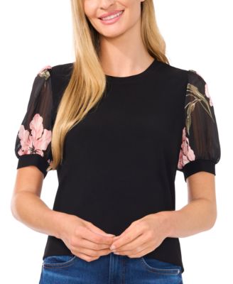 CeCe - Women's Mixed Media Puff-Sleeve Blouse