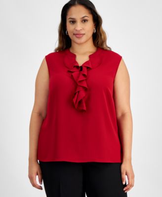 Kasper - Plus Size Ruffled Sleeveless V-Neck Top