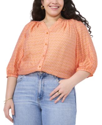 Vince Camuto - Plus Size Printed Button-Front Raglan-Sleeve Top