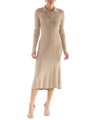 julia jordan - Women's Ribbed Long-Sleeve Collared Midi Dress