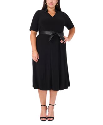 MSK - Plus Size Belted Fold-Collar Split-Neck Dress