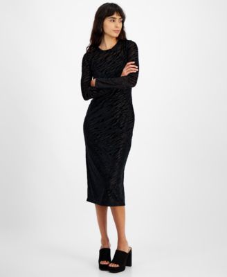 Bar III - Women's Long-Sleeve Round-Neck Burnout Midi Dress