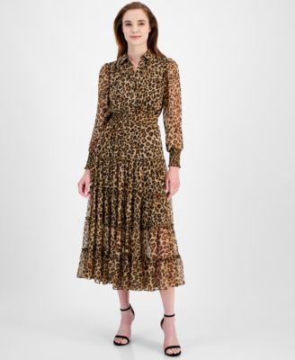 T Tahari - Women's Printed Half-Placket Tiered Midi Dress