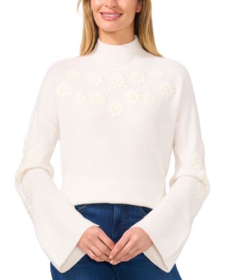 CeCe - Women's Embroidered Mock Neck Bell-Sleeve Sweater