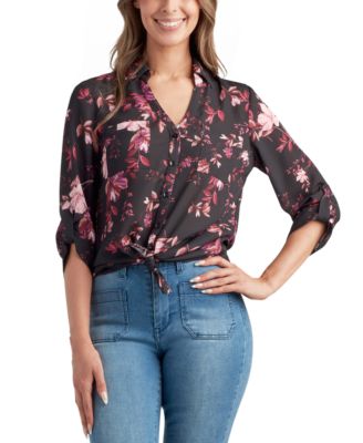BCX - Juniors' Printed Collared Roll-Tab-Sleeve Top
