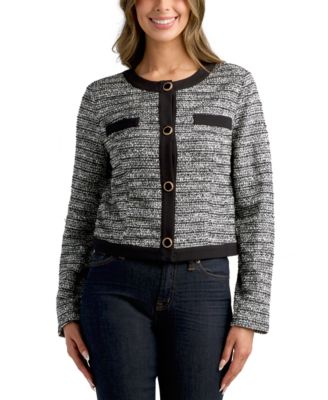 BCX - Juniors' Boucl&eacute; Crop Button-Front Long-Sleeve Jacket