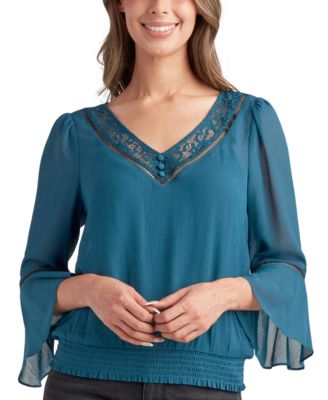 BCX - Juniors' Texture Sheer-Woven V-Neck Flare-Sleeve Top