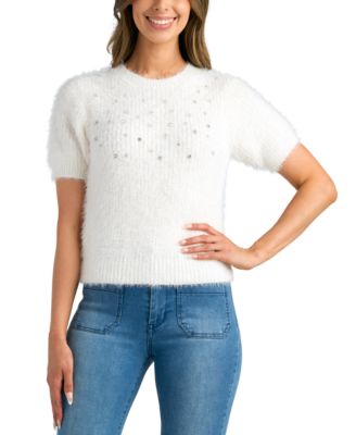 BCX - Juniors' Crewneck Embellished Short-Sleeve Sweater