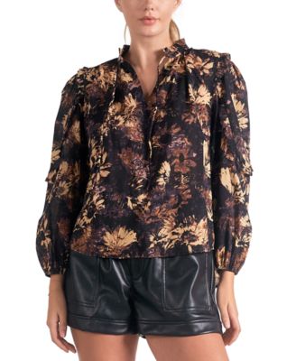 Elan - Women's Cotton Floral-Print Ruffled Split-Neck Top