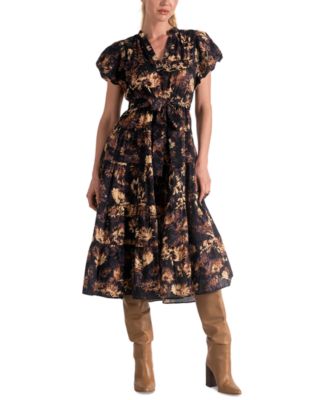 Elan - Women's Cotton Printed-Voile Tie-Waist Midi Dress