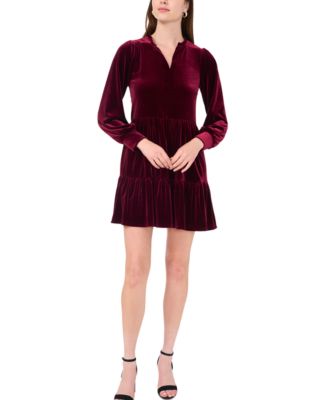 MSK - Women's Split-Neck Blouson-Sleeve Tiered Velvet Shift Dress