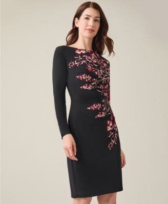 Kasper - Women's Floral Side-Pleated Long-Sleeve Dress