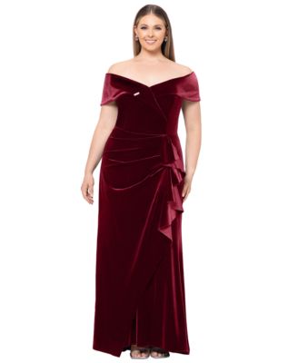 XSCAPE - Plus Size Velvet Off-The-Shoulder Ruffle Gown