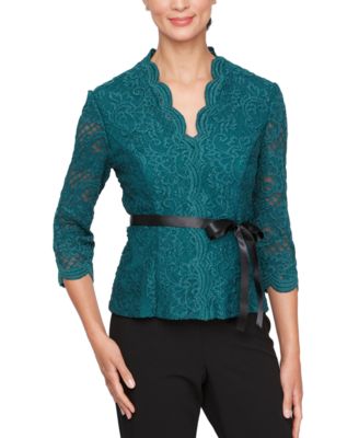 Alex Evenings - Petite Lace Scalloped-Neck Bow Top