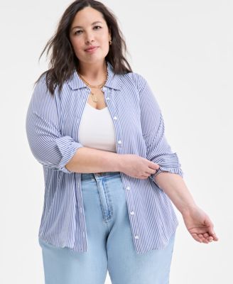 On 34th - Trendy Plus Size Foliage-Print Silky Polished Shirt