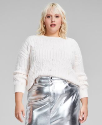 And Now This - Plus Size Embellished Cable-Knit Sweater