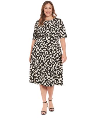 London Times - Plus Size Printed Elbow-Sleeve Midi Dress