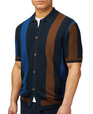 Ben Sherman - Men's Regular-Fit Textured Stripe Sweater-Knit Button-Down Polo Shirt