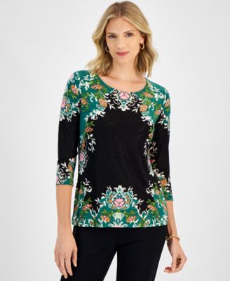 JM Collection - Women's Baroque Jacquard 3/4-Sleeve Top
