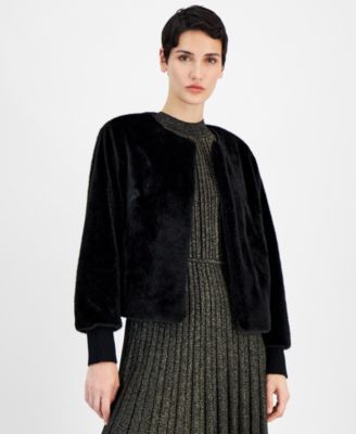T Tahari - Women's Crewneck Cropped Faux-Fur Jacket