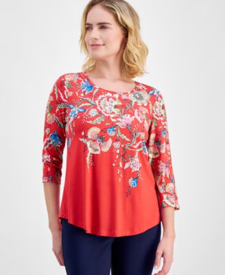 JM Collection - Petite Cascading Floral 3/4-Sleeve Top