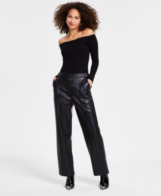 Bar III - Women's Faux-Leather Belt-Waist Straight Pants