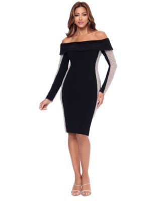 XSCAPE - Women's Rhinestone-Mesh-Side Off-The-Shoulder Dress