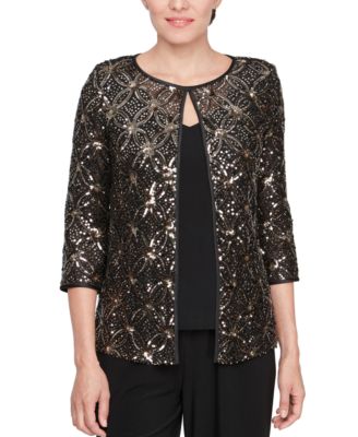 Alex Evenings - Petite Sequinned Flyaway 3/4-Sleeve Top