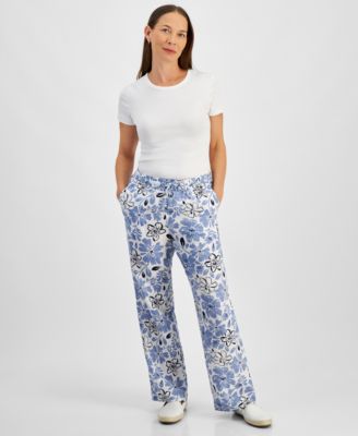Charter Club - Petite Printed Linen Tie-Waist Pants