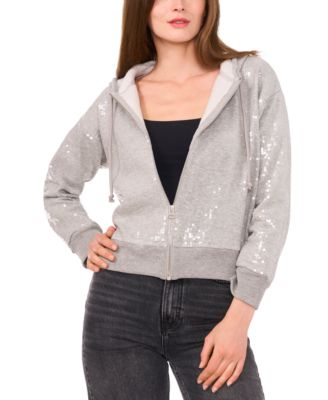 1.STATE - Women's Full-Zip Hooded Long-Sleeve Sequin Hoodie