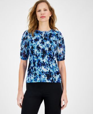 Anne Klein - Petite Jewel-Neck Ruched-Sleeve Mesh Top