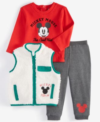 Disney - Baby Boys Mickey Mouse Faux-Fur Vest, T-Shirt & Jogger Pants, 3 Piece Set