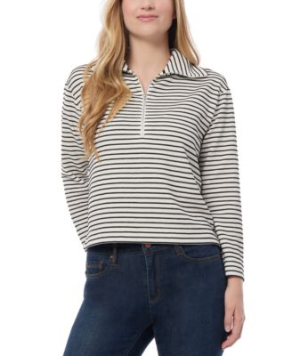 Jones New York - Petite Metallic Striped Zip-Neck Top