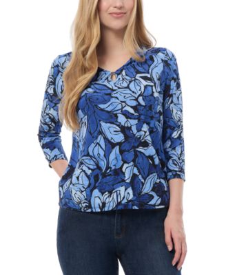 Jones New York - Petite Printed Keyhole 3/4-Sleeve Top