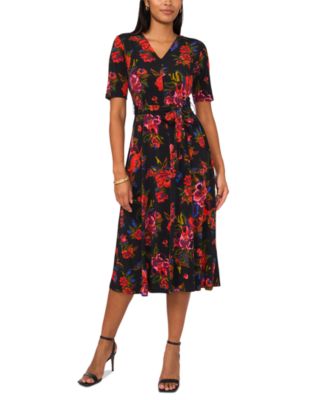 MSK - Women's Printed V-Neck Short-Sleeve Midi Dress