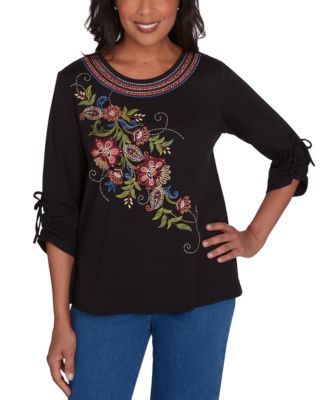 Alfred Dunner - Petite Harvest Moon Floral Embroidered-Detail Crewneck Drawstring-Sleeve Top