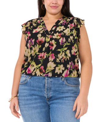 Vince Camuto - Plus Size Printed V-Neck Flutter-Sleeve Blouse, Created for Macy's