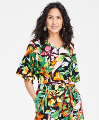 I.N.C. International Concepts - Petite Printed V-Neck Dolman-Sleeve Top